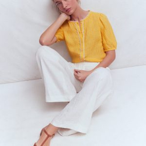 Leah Short Sleeve Linen Top-Sunshine Yellow Gingham
