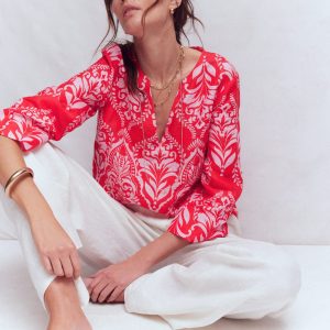 Cleo Linen Top-Red. Ornamental Garden Mono