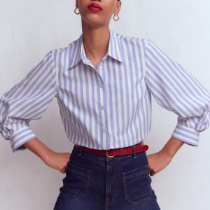 Puff Sleeve Oxford Shirt-Navy. Ivory Stripe