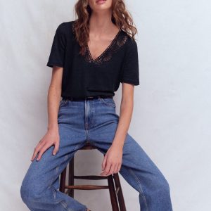 Tara Lace Trim Linen T-shirt-Navy Blazer