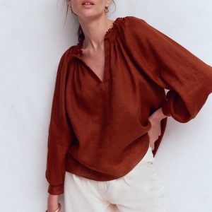 Serena Pleat Neck Linen Top-Burnt Henna