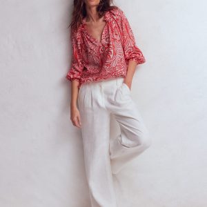 Serena Pleat Neck Linen Top-Red. Enchanted Paisley Mono