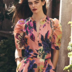 Pleated Mutton Sleeve Top-Multi. Opulent Blossom