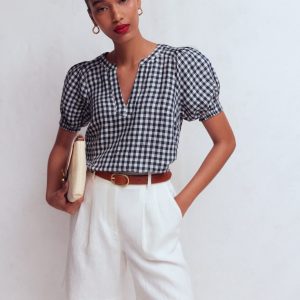 Rae Linen Top-Small Navy Gingham