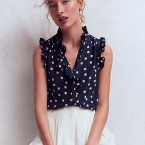 Isabel Sleeveless Silk Top-French Navy. Painted Dot