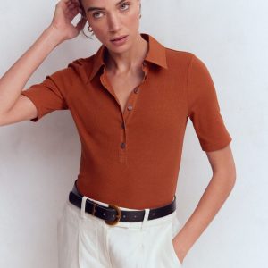 Collared Ribbed Henley Top-Burnt Orange
