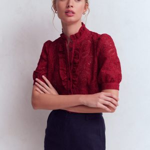 Sasha Short Sleeve Lace Top-Pomegranate