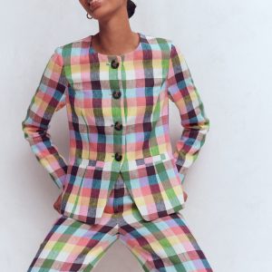 Hampstead Linen Blazer-Soft Yellow. Pink Multigingham