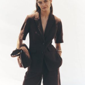 Short Sleeve Linen Blazer-Bitter Chocolate
